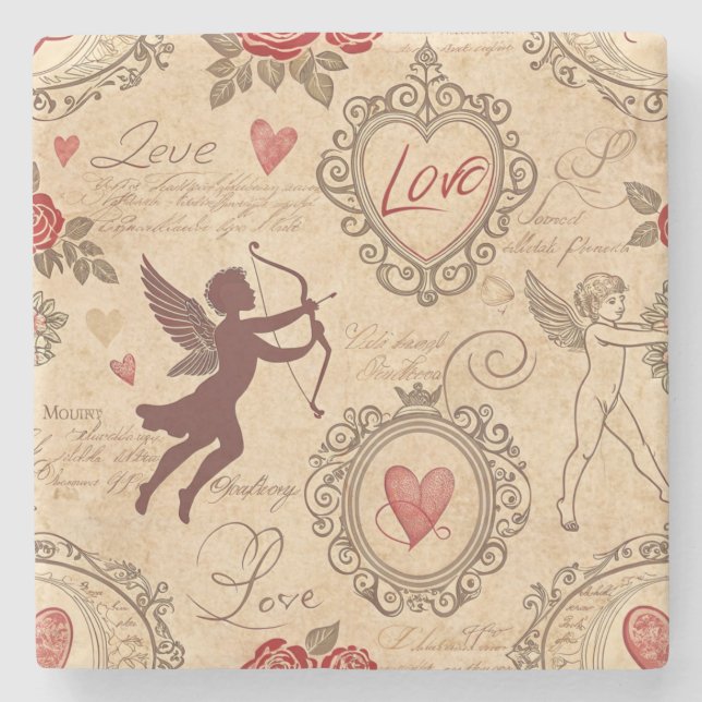 Vintage Cupid's Romantic Pattern (3) Stone Coaster (Front)