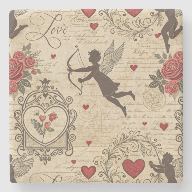 Vintage Cupid's Romantic Pattern (6) Stone Coaster (Front)