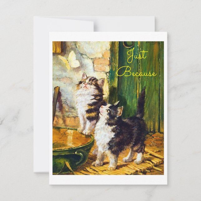 Vintage Curious Kittens Butterfly Art Just Because (Front)