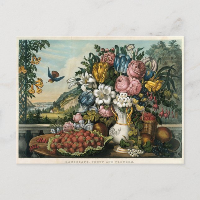 Vintage Currier & Ives Fruit And Flowers Landscape Postcard (Front)