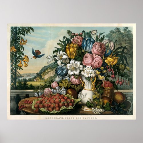Vintage Currier  Ives Fruit And Flowers Landscape Poster