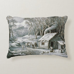 Vintage Currier & Ives Log Cabin Holiday Christmas Accent Pillow