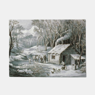 Vintage Currier & Ives Log Cabin Holiday Christmas Doormat