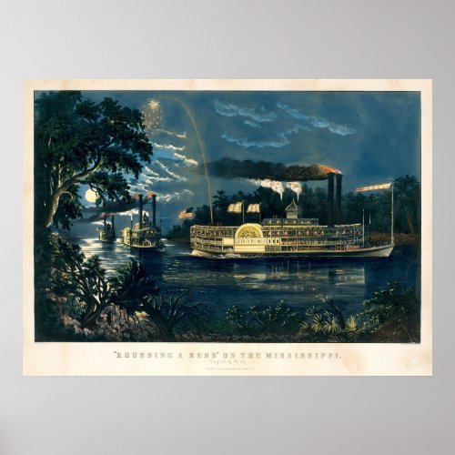 Vintage Currier  Ives Steamboats in Moonlight Poster