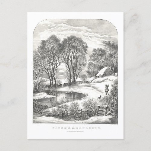 Vintage Currier  Ives Winter Moonlight Lithograph Holiday Postcard