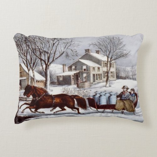 Vintage Currier  Ives Winter Sleigh Christmas Accent Pillow