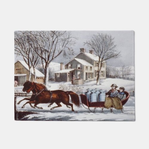 Vintage Currier  Ives Winter Sleigh Christmas Doormat