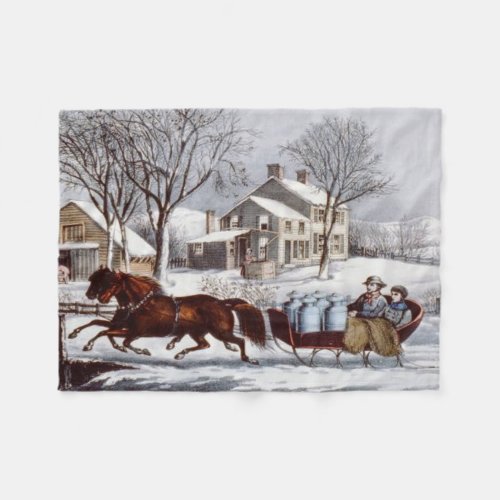 Vintage Currier  Ives Winter Sleigh Christmas Fleece Blanket