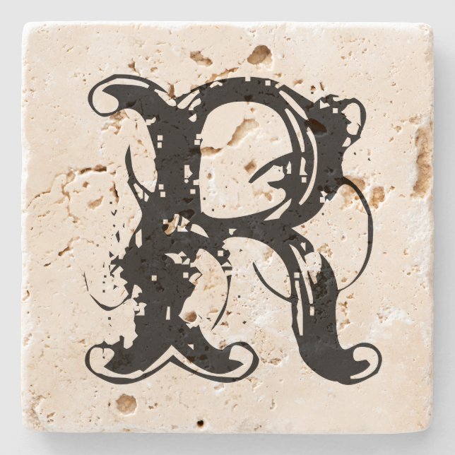 Vintage custom monogram travertine stone coaster (Front)