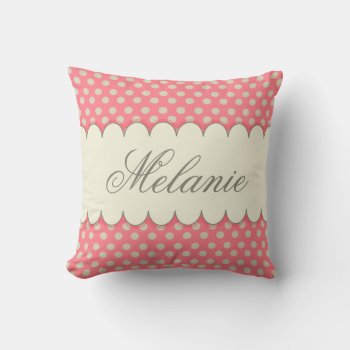 Vintage Custom Personalized Beige Pink Polka Dots Throw Pillow by VintageDesignsShop at Zazzle