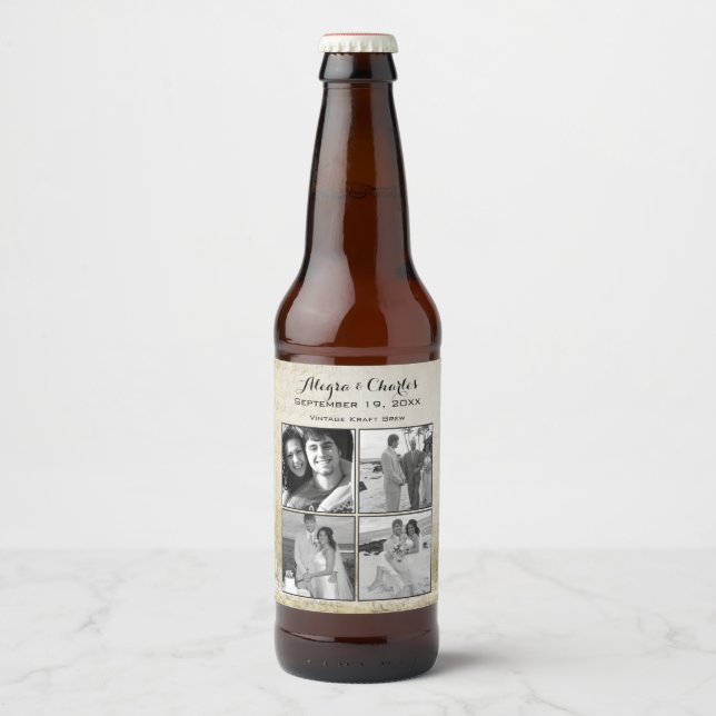 Vintage Custom Photo Collage Wedding Beer Bottle Label (Front)