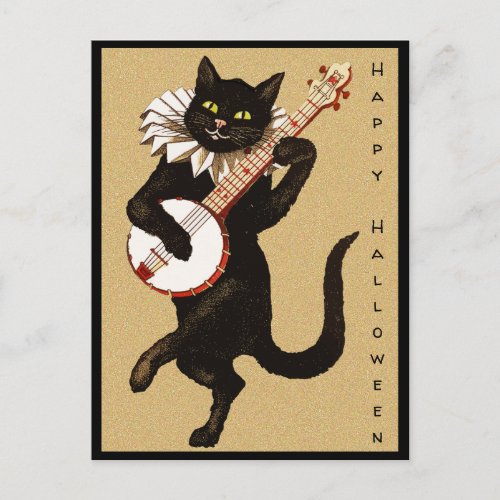 Vintage Custom Text Black Cat with Banjo Halloween Postcard