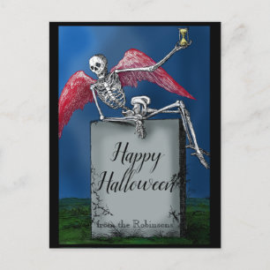Vintage Custom Text Skeleton on Tomb Halloween Postcard