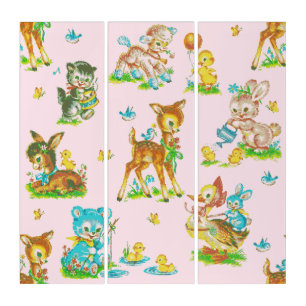 vintage cute baby animals pink triptych