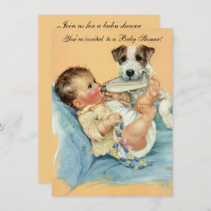 Vintage Cute Baby Bottle Puppy Dog, Baby Shower Invitation