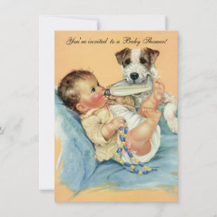 Vintage Cute Baby Bottle Puppy Dog, Baby Shower Invitation