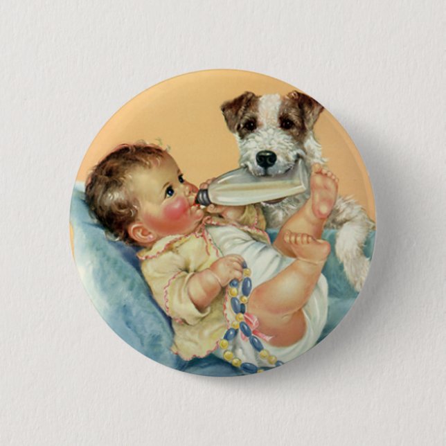 Vintage Cute Baby Boy with Bottle and Puppy Dog Button (Front)