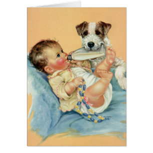 Vintage Cute Baby Boy with Bottle and Puppy Dog Cards
