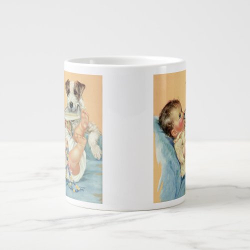 Vintage Cute Baby Boy with Bottle and Puppy Dog Giant Coffee Mug