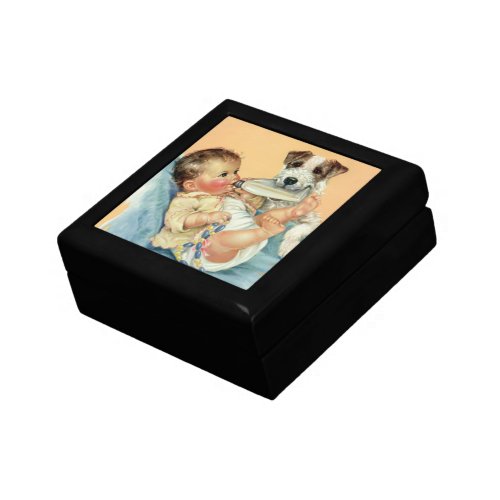 Vintage Cute Baby Boy with Bottle and Puppy Dog Jewelry Box
