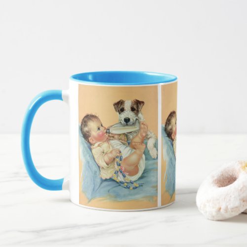 Vintage Cute Baby Boy with Bottle and Puppy Dog Mug