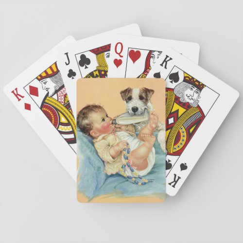 Vintage Cute Baby Boy with Bottle and Puppy Dog Poker Cards