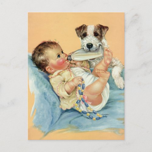 Vintage Cute Baby Boy with Bottle and Puppy Dog Postcard