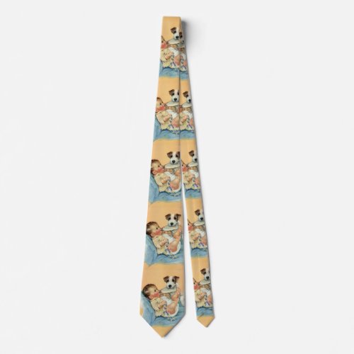 Vintage Cute Baby Boy with Bottle and Puppy Dog Tie