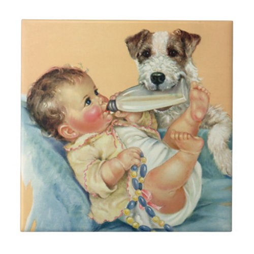 Vintage Cute Baby Boy with Bottle and Puppy Dog Tile