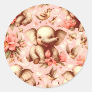 Vintage Cute Baby Elephant Pattern Classic Round Sticker