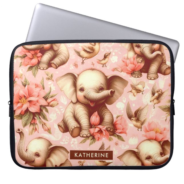 Vintage Cute Baby Elephant Pattern Laptop Sleeve (Front)