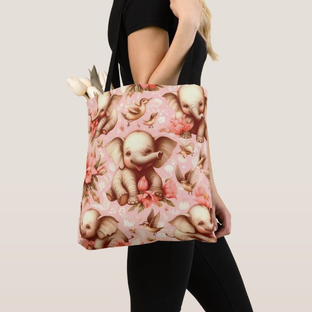 Vintage Cute Baby Elephant Pattern Tote Bag (Close Up)
