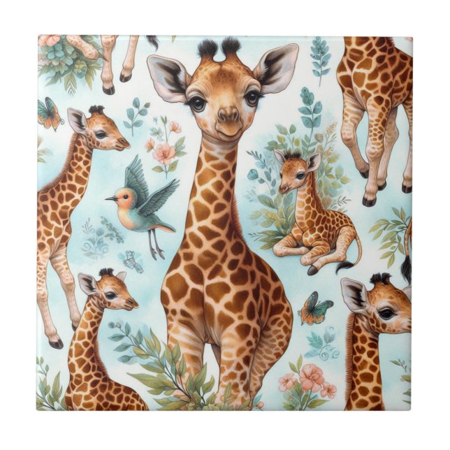 Vintage Cute Baby Giraffe Pattern Ceramic Tile (Front)