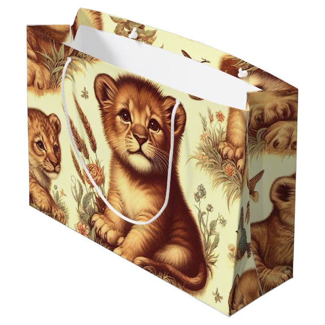 Vintage Cute Baby Lion Pattern Large Gift Bag (Back Angled)