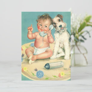 Vintage Cute Baby on the Phone with Dog Invitation