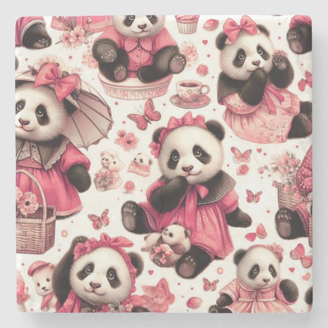 Vintage Cute Baby Panda Seamless Stone Coaster (Front)