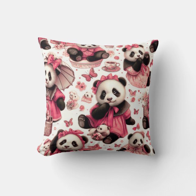 Vintage Cute Baby Panda Seamless Throw Pillow (Front)