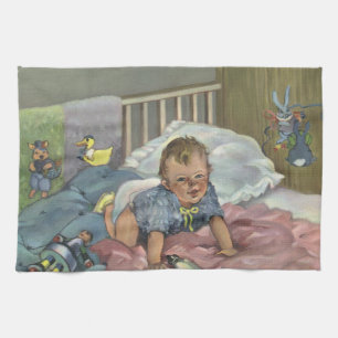 Vintage Cute Baby Playing in Crib, Child Nap Time Kitchen Towel
