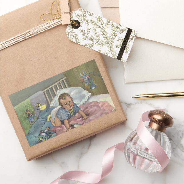 Vintage Cute Baby Playing in Crib, Child Nap Time Rectangular Sticker (Gifting)