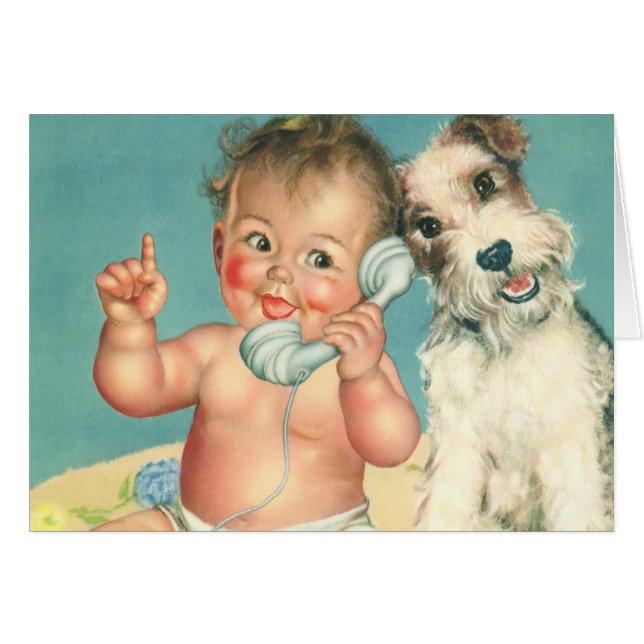Vintage Cute Baby Talking on Phone Puppy Dog (Front Horizontal)