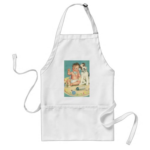 Vintage Cute Baby Talking on Phone Puppy Dog Adult Apron