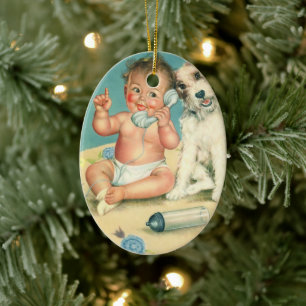 Vintage Cute Baby Talking on Phone Puppy Dog Ceramic Ornament