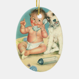 Vintage Cute Baby Talking on Phone Puppy Dog Ceramic Ornament
