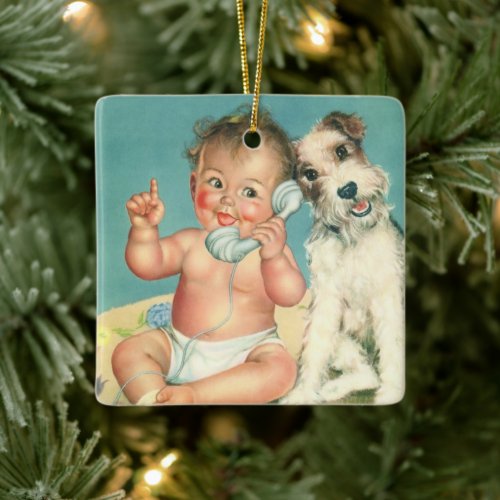 Vintage Cute Baby Talking on Phone Puppy Dog Ceramic Ornament