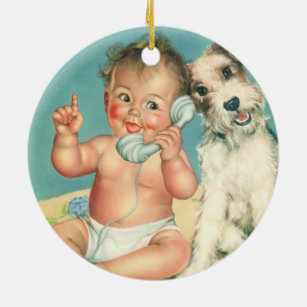 Vintage Cute Baby Talking on Phone Puppy Dog Ceramic Ornament