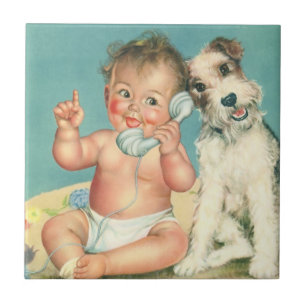 Vintage Cute Baby Talking on Phone Puppy Dog Ceramic Tile