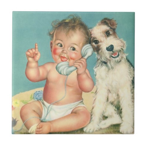 Vintage Cute Baby Talking on Phone Puppy Dog Ceramic Tile