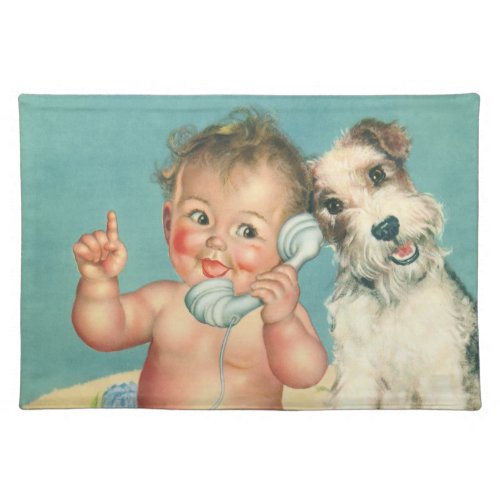 Vintage Cute Baby Talking on Phone Puppy Dog Cloth Placemat