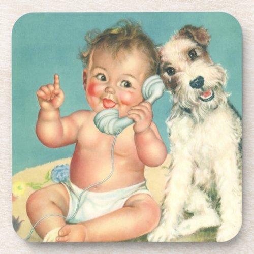 Vintage Cute Baby Talking on Phone Puppy Dog Drink Coaster