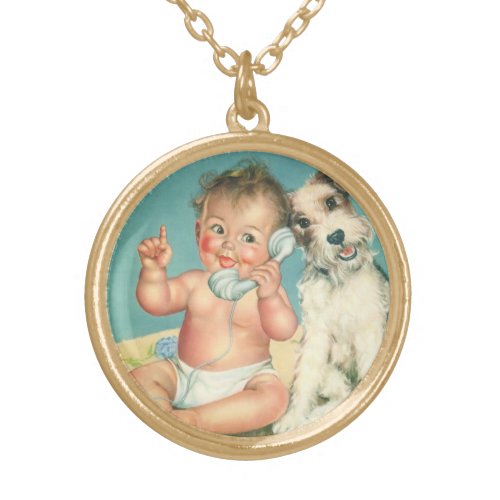 Vintage Cute Baby Talking on Phone Puppy Dog Gold Plated Necklace